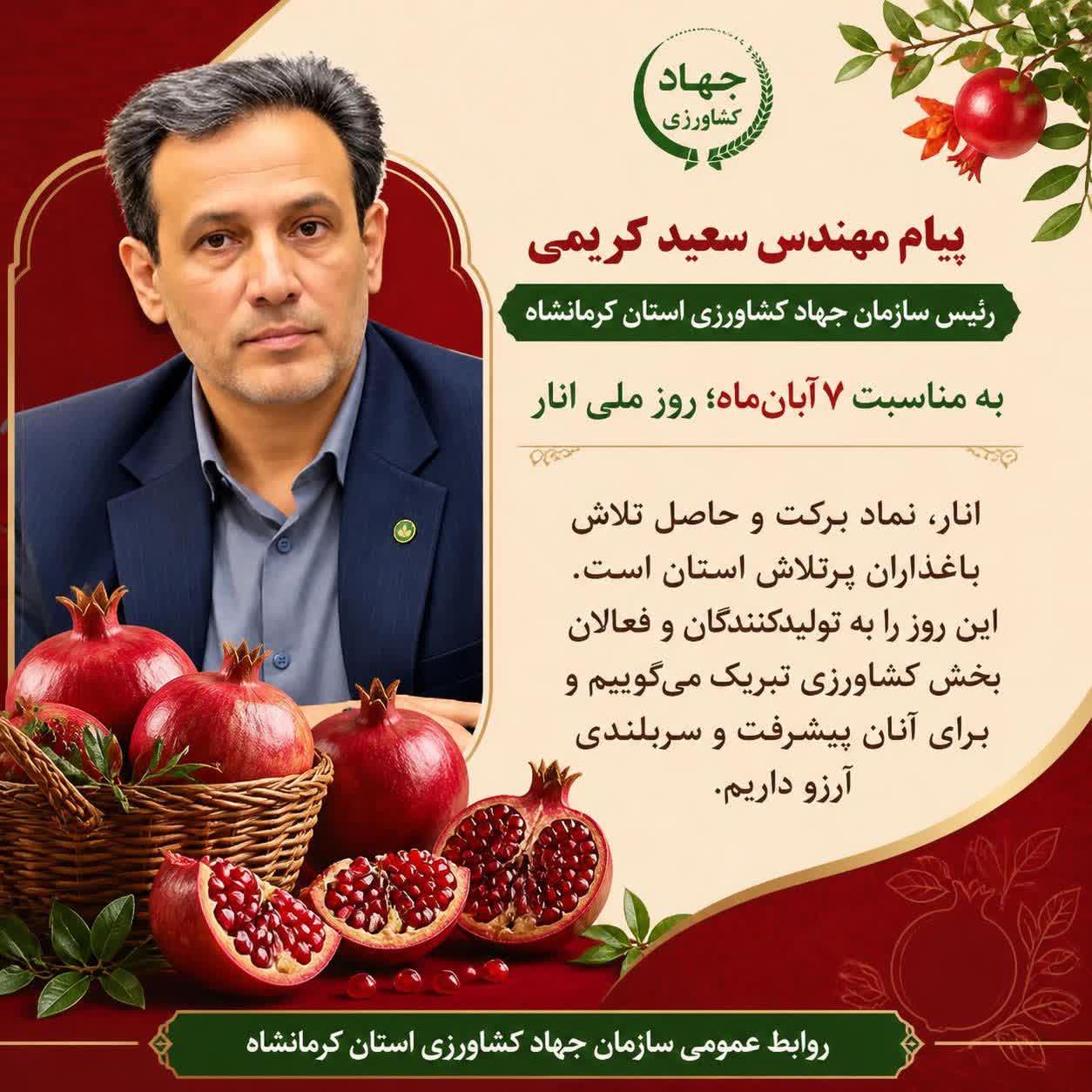 پیام تبریک رییس سازمان جهاد کشاورزی استان کرمانشاه به مناسبت ۷ آبان‌ماه، روز ملی انار